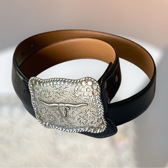 NOCONA ANTIQUE METAL RHINESTONE STEERHEAD BUCKLE/LEATHER BELT COASTAL COWGIRL L - Picture 9 of 16